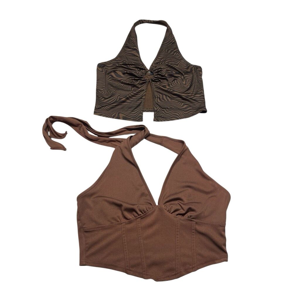 H&M Divided Women’s Brown Halter Crop Tank Top Size Medium Large Rave Western